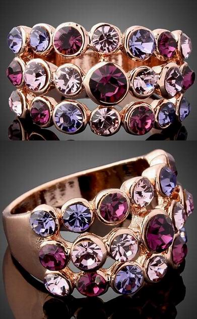 3-ROW PURPLE SWAROVSKI CRYSTAL RING-size 6